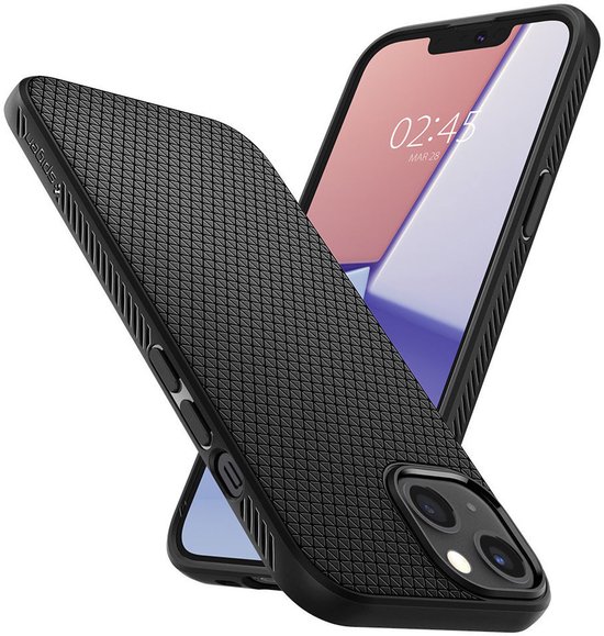 Schuine weergave van het zwarte Spigen Liquid Air hoesje op een iPhone 13 mini.