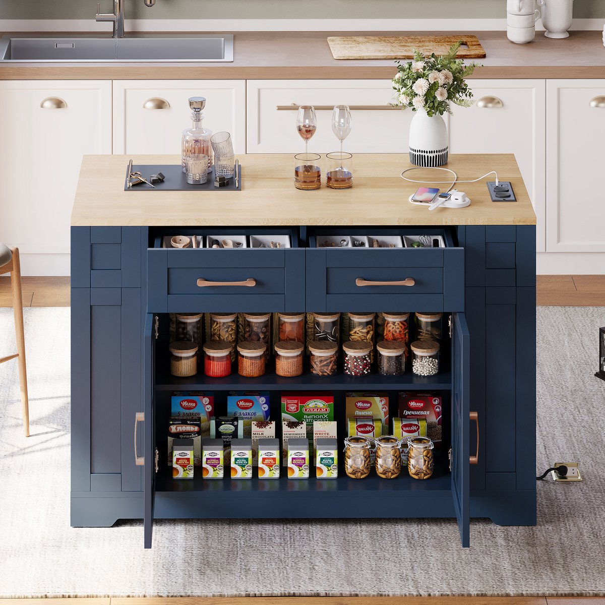 MODFU - Keukeneilandwagen - Klaptafel - Glazen Deuren - Rollen - Blauw - MDF