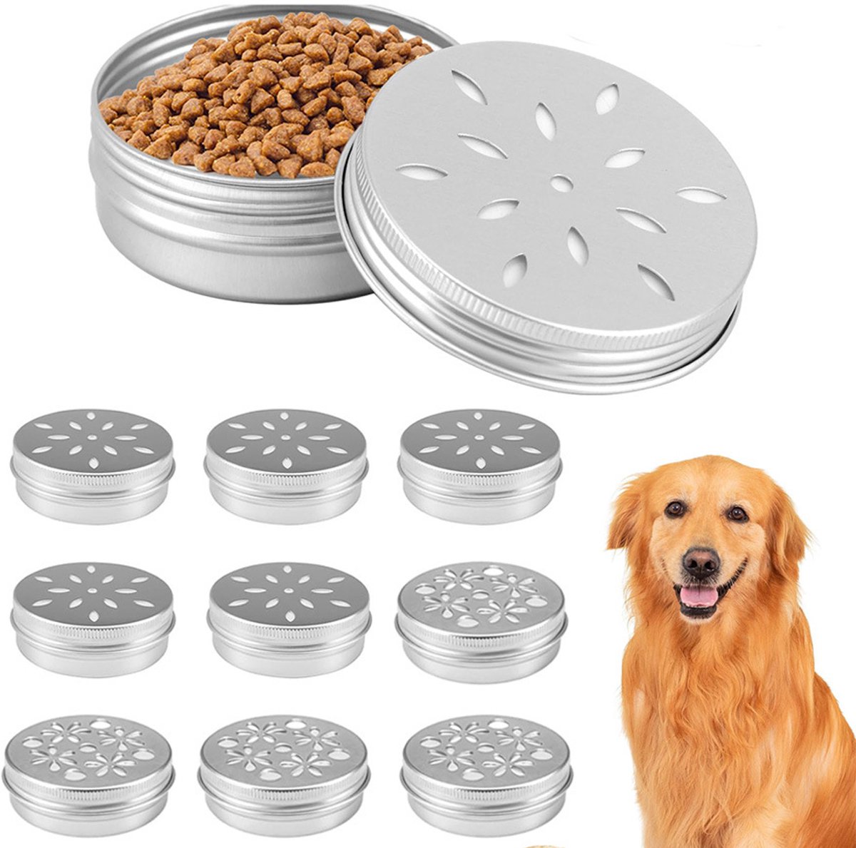 Set van 9 aluminium blikken met geperforeerd deksel 60ml - ronde opbergpotjes voor hondensnacks kruiden snoepjes - luchtdoorlatende metalen bewaardoosjes voor huisdier traktaties