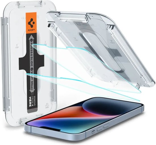 Installatiehulp en twee screenprotectors voor iPhone, klaar voor gebruik. Links de telefoon, rechts de inhoud van de doos.