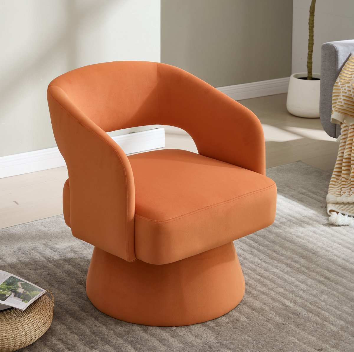 MIVRAY Fauteuil 66 x 68 x 75 cm - 360 Graden Draaibaar Met Open Rug En Gebogen Armleuningen - Voor Woonkamer En Kantoor - Chenille Oranje