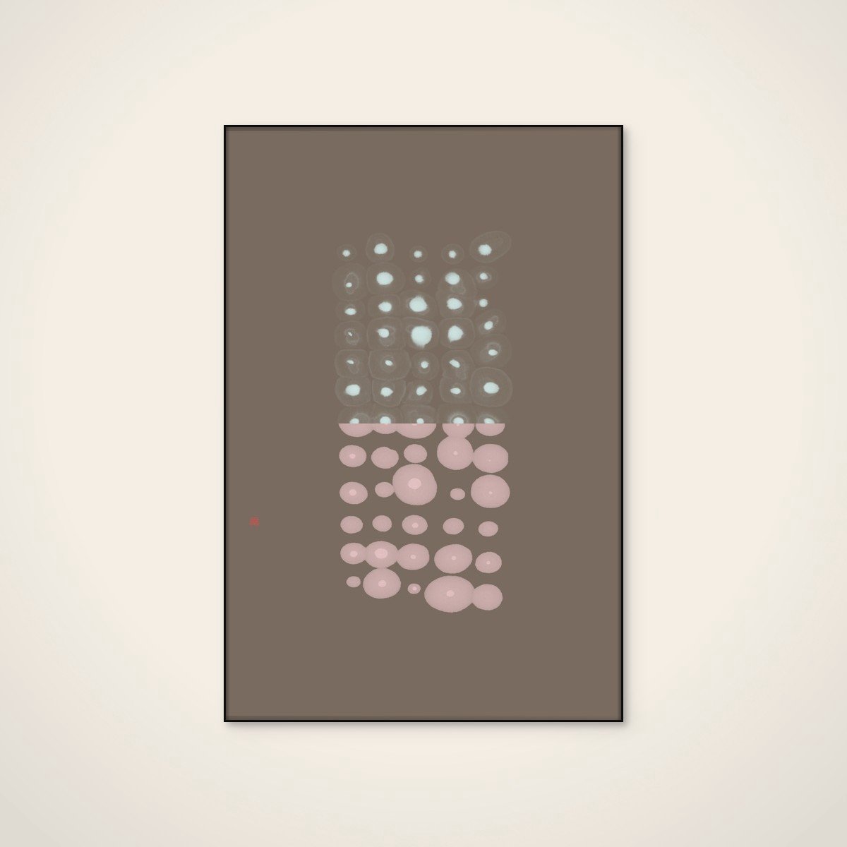 Akoestisch schilderij - 80 x 120 cm - Glowing Pink Blue Circles van Thoth Adan - Geometrische wanddecoratie - zwart textielframe