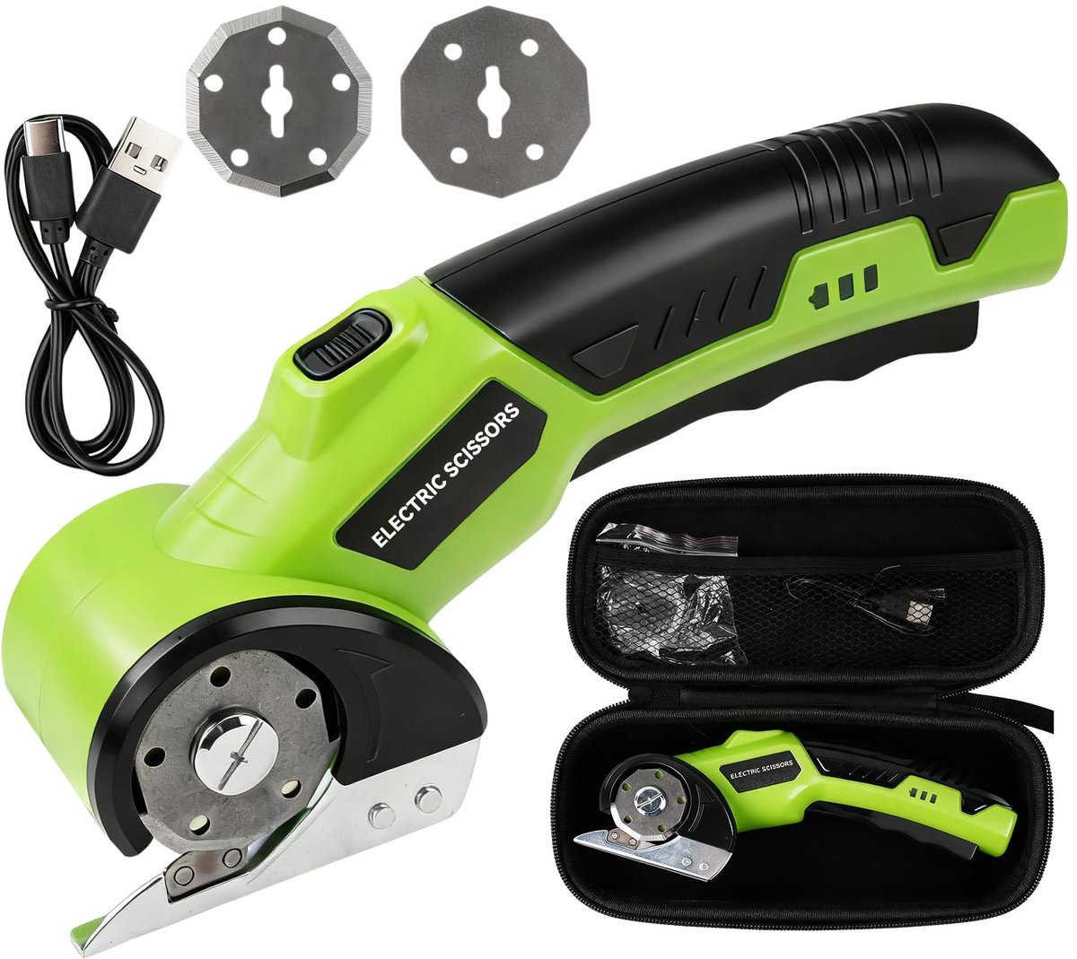 Elektrische schaar voor karton - 4,2V draadloze elektrische schaar - 2 roterende messen - Oplaadbare elektrische naaischaar - Voor knutselwerk, leer, karton, tapijt, plastic, vilt(Groen)
