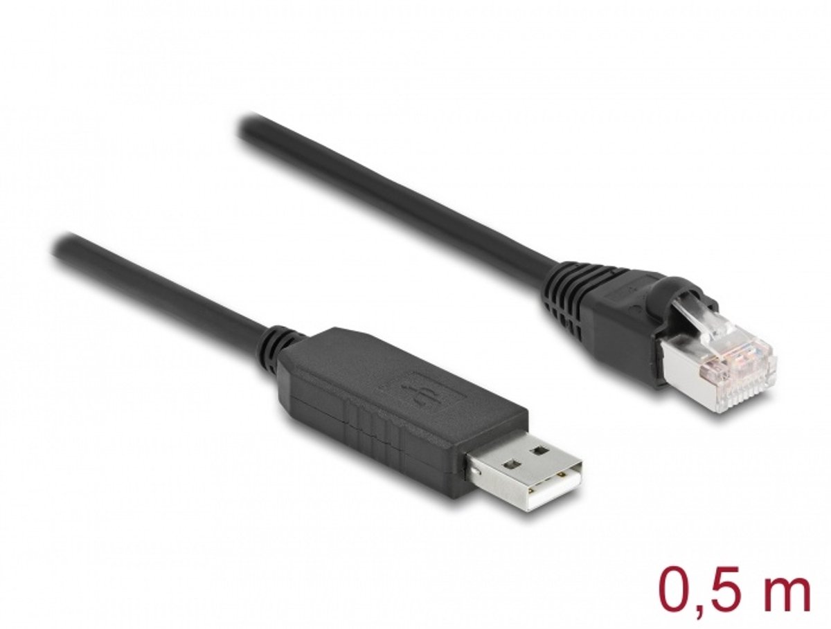 Image of Delock Serial Connection Cable with FTDI chipset, USB 2.0 Type-A male to RS-232 RJ45 male 50 cm black