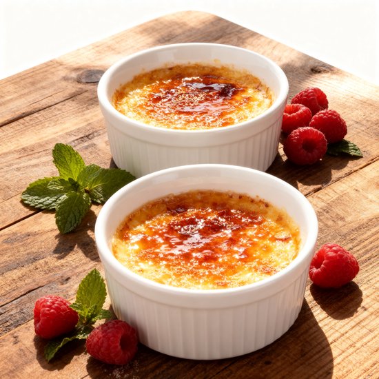 Twee crème brûlée desserts in witte ramekins, gegarneerd met frambozen en munt, op een houten ondergrond.