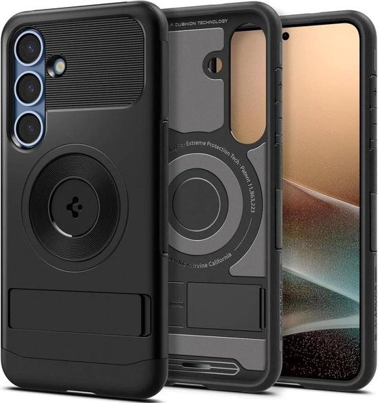 Zwart telefoonhoesje, de binnenhoes en een smartphone met camera-uitsparingen, MagFit-ring en standaard.