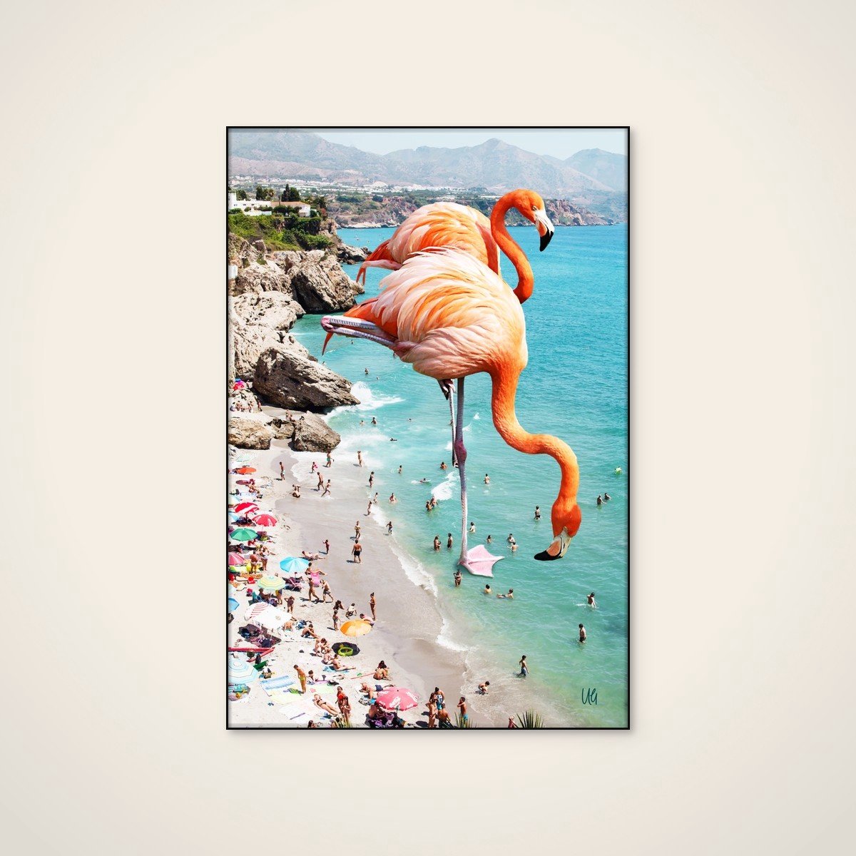 Akoestisch schilderij - 80 x 120 cm - Surreal Beach Flamingos van Uma Gokhale - Dieren wanddecoratie - zwart textielframe