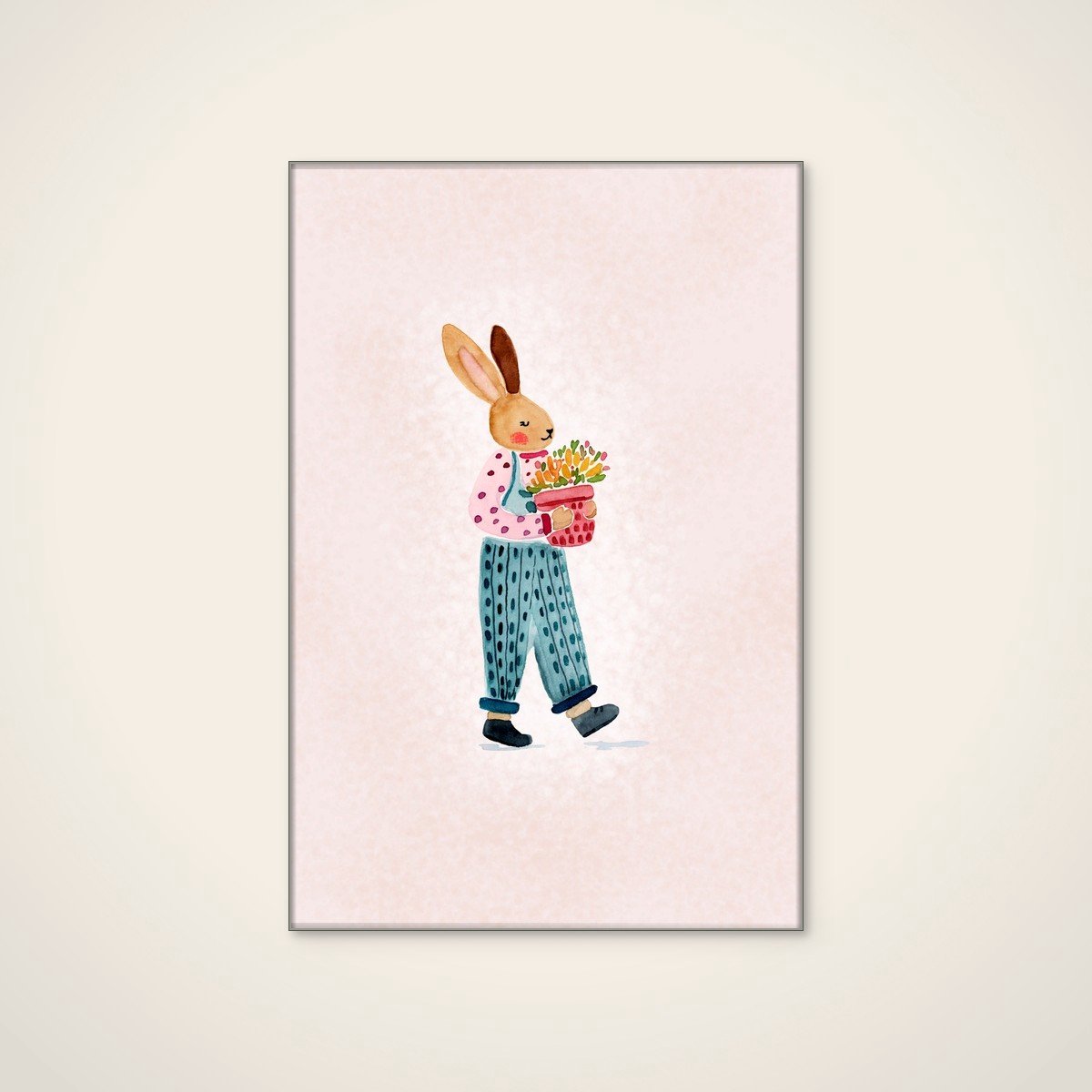 Akoestisch schilderij - 80 x 120 cm - Whimsical Bunny with Flowers van Abigail Morales - Abstracte wanddecoratie - zilver textielframe
