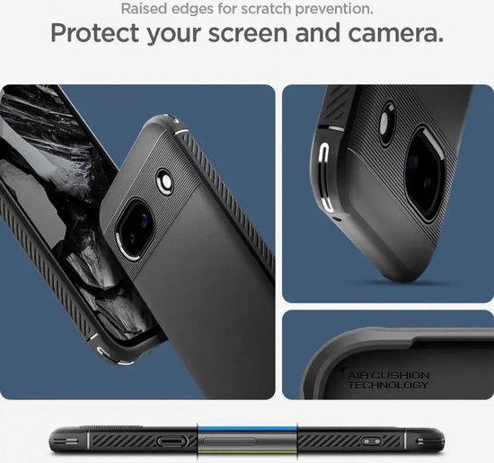 Zwarte Spigen case voor Google Pixel 8a met verhoogde randen, gestreept textuur en carbon accenten.