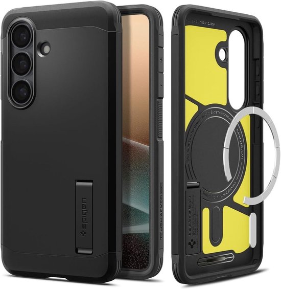 Zwarte Spigen Tough Armor hoes voor Samsung Galaxy S26+ met MagSafe-ring en gele binnenkant.