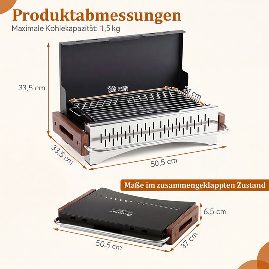 COSTWAY Houtskoolgrill klein, tafelgrill inklapbaar (50,5 x 33,5 x 6,5 cm) - Campinggrill met 2 verstelbare grillhoogtes, reisgrill, houtskoolbarbecue, mini-grill voor BBQ, reizen, picknick van costway — afbeelding 5