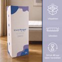 Close-up van de verpakking van een CozySense® matras met instructies voor uitpakken, uitrollen en herstellen.