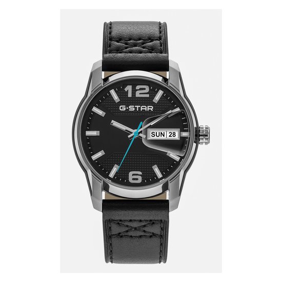 G-Star horloge met zwarte wijzerplaat, zilverkleurige kast, blauwe secondewijzer, dag-datumvenster en zwarte leren band.
