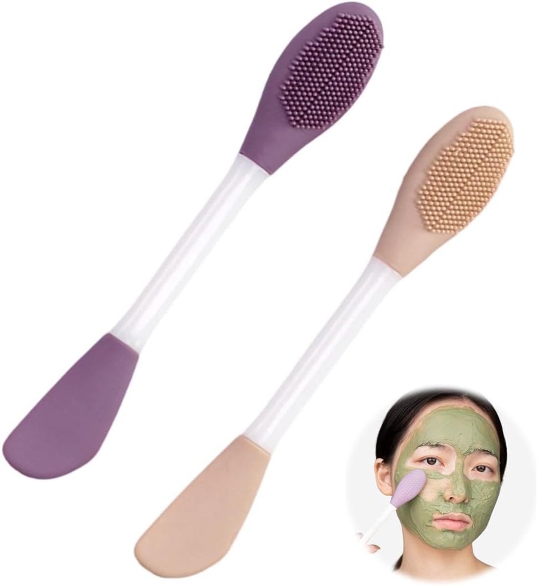 Dubbele siliconen borstels in paars en leer voor zachte applicatie en reiniging van make-up