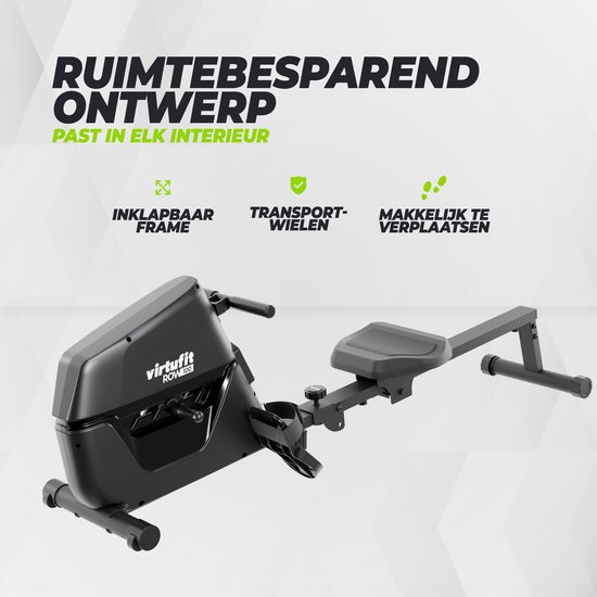 Zwarte VirtuFit ROW100 roeitrainer met inklapbaar frame en transportwielen.