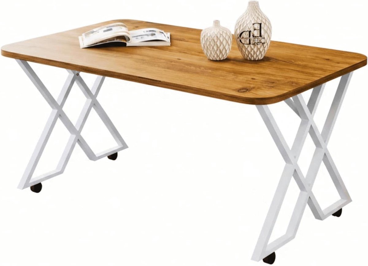Salontafel Rechthoekig - Koffietafel Modern - Woonkamer Inrichten - Kruispoten Design - 100 x 60 cm - Licht Hout Wit