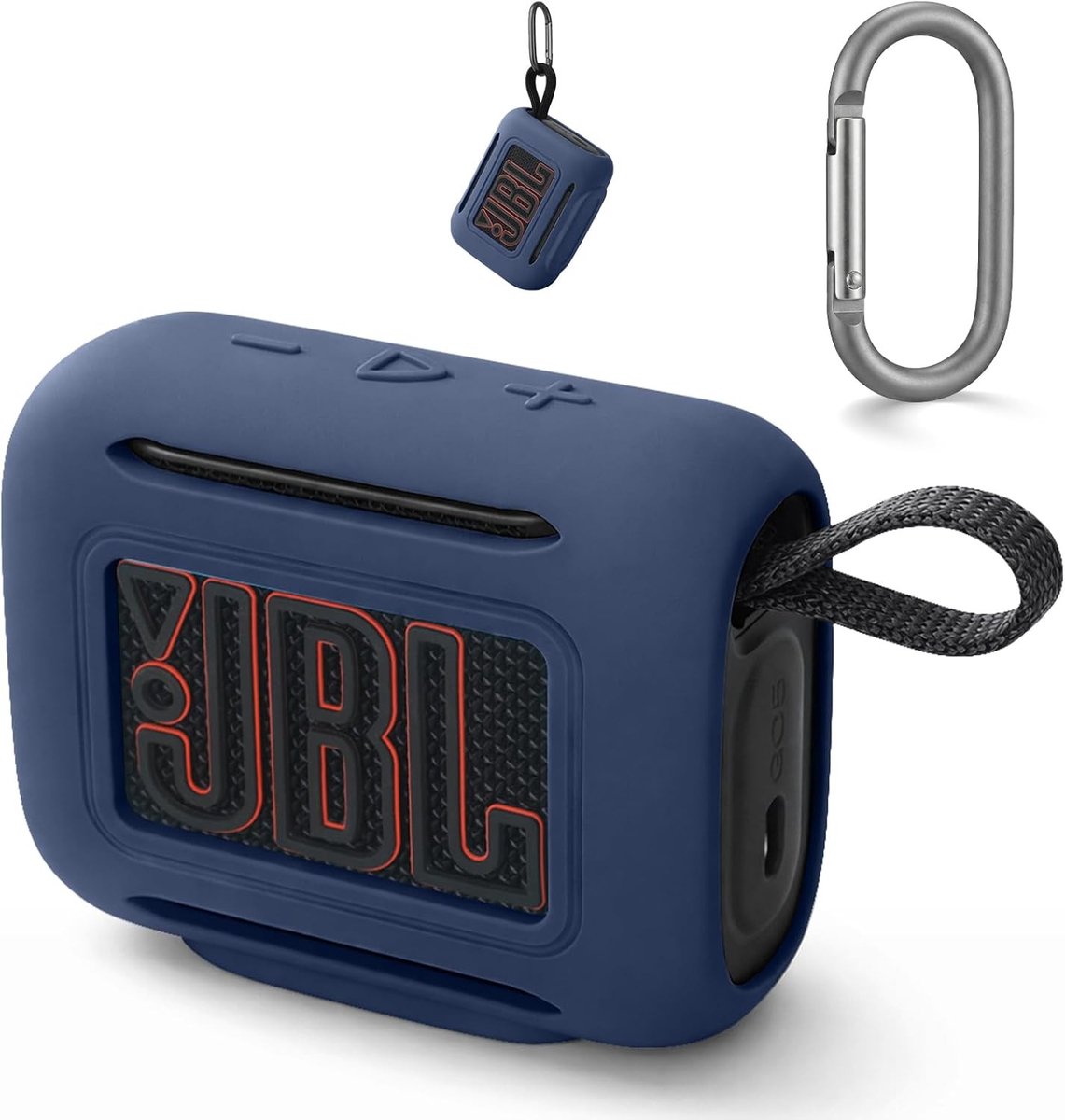 Reisdragende beschermhoes voor Bluetooth-luidsprekers, siliconen hoes met karabijnhaak (marineblauw)