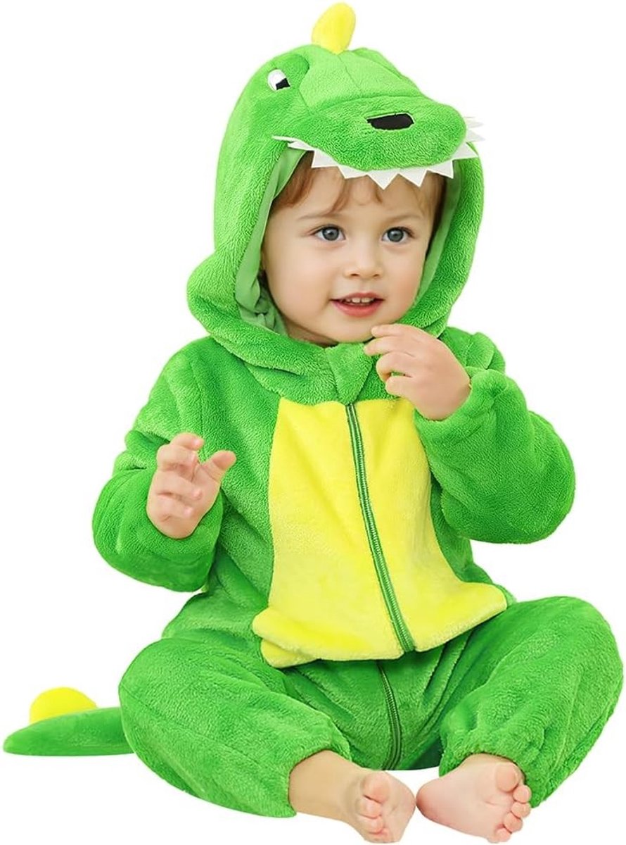 Dinosauruskostuum voor Kinderen met Kap en Staart - Zachte Flanellen Dinosaurus Pyjama voor Carnaval en Halloween