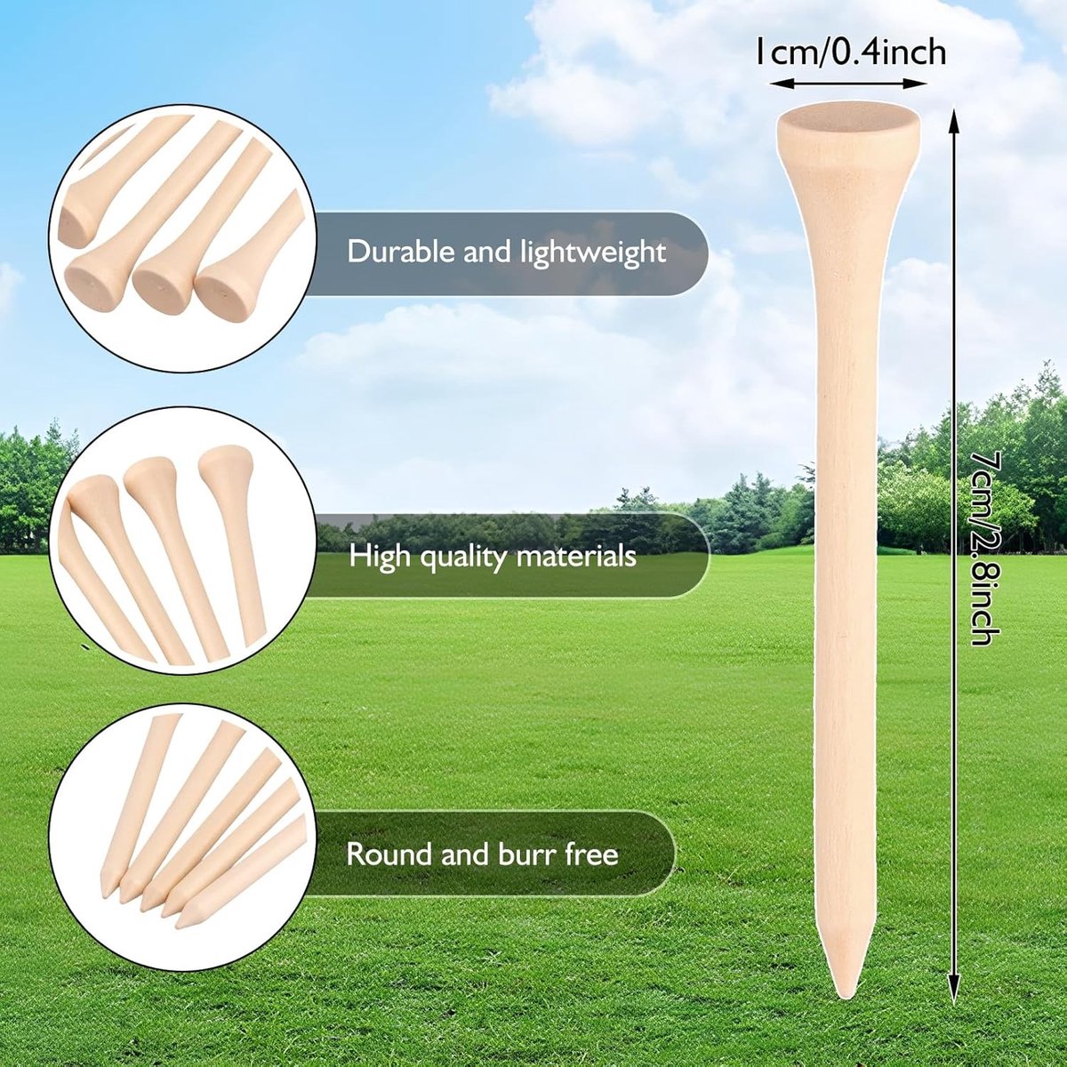 100 Stuks Biologisch Afbreekbare Golf Tees van Hout - 70mm Lange T-shirts voor Golfclubs en Golfmatten