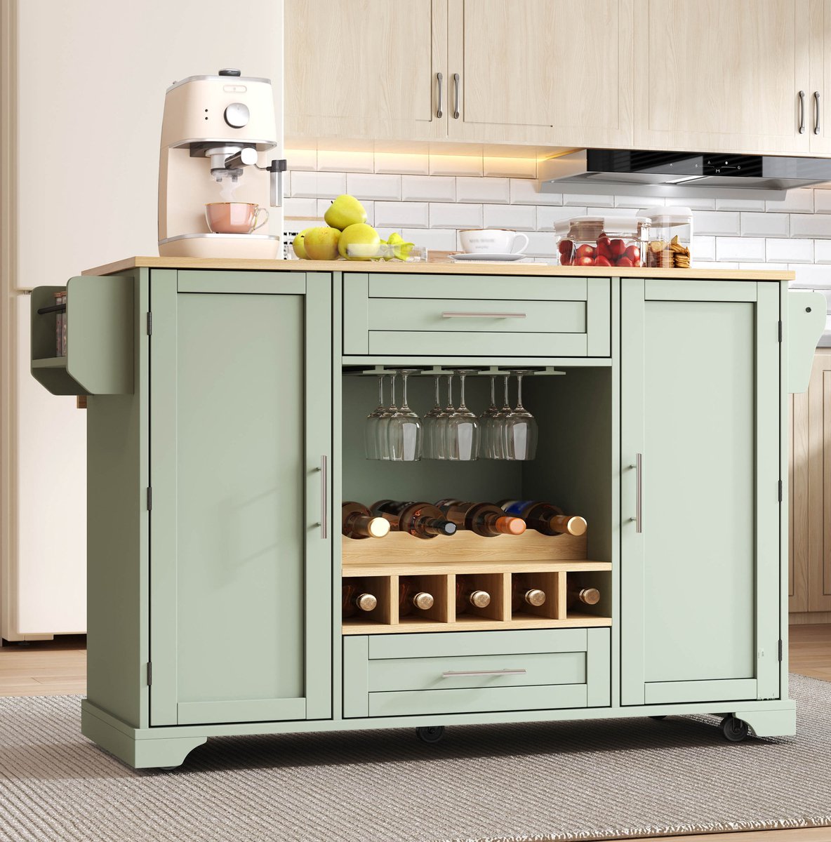 STILVORA Keukenkast - Keukenwagen Met Uitklapbaar Werkblad En Wielen - Met Wijnrek Voor Keuken En Eethoek - MDF - Antiekgroen - 138x45/70x92 Cm