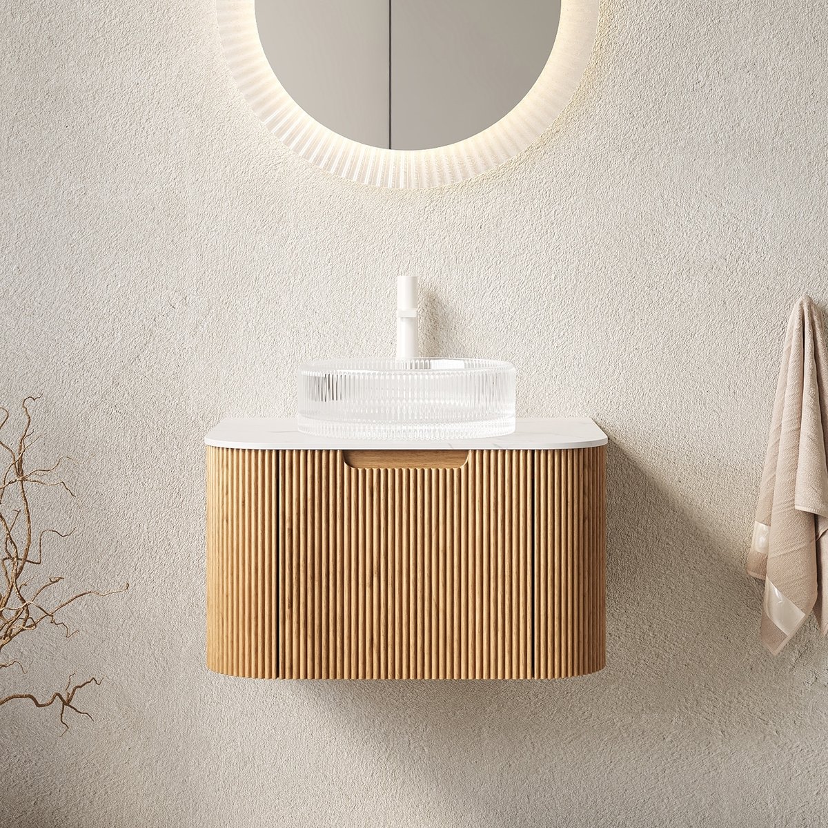 OKWISH Badkamermeubel - Hangend Wastafelmeubel Met Transparante Ronde Glazen Waskom - 61 x 48 x 48,6 cm - 1 Lade - Naturel Wit