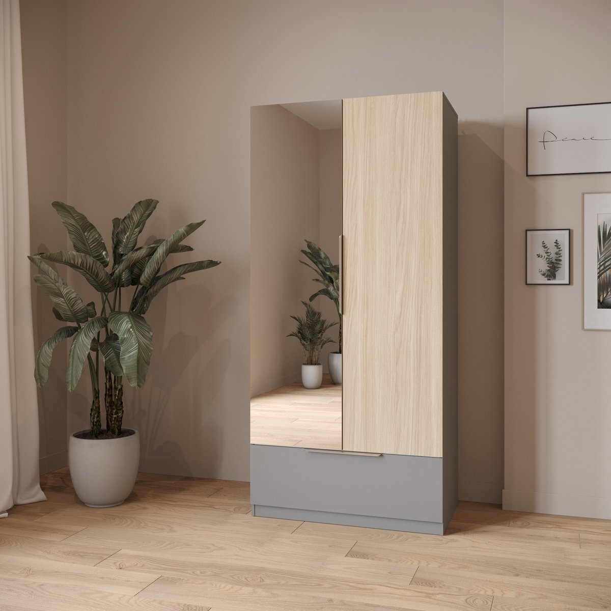 CBA MERYL kledingkast - 2 deuren - Spiegel - 1 lade - Kledingroede - 4 legplanken - Grijs & Sonoma eik - 90 x 52 x 193 cm