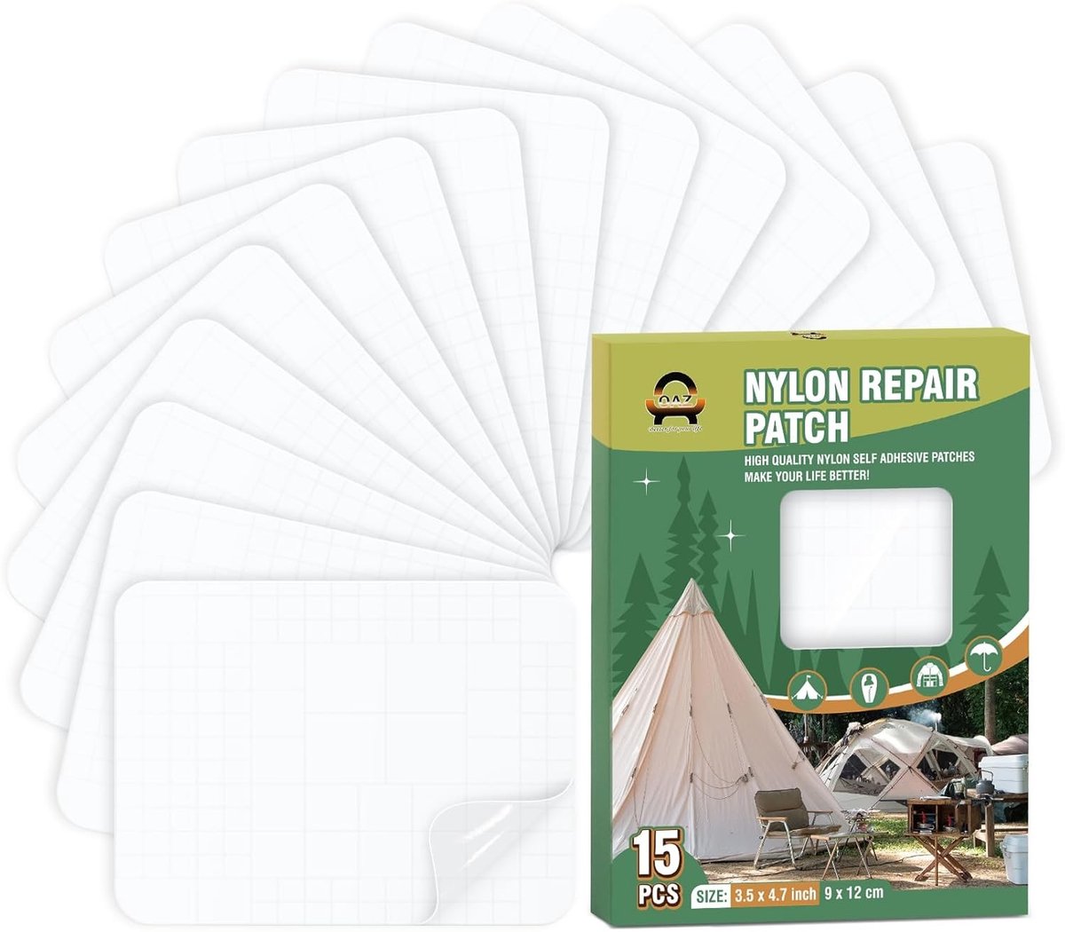 Nylon Reparatie Patches Set van 15, 9x12cm, Zelfklevende Waterdichte Patches voor Tent, Kleding en Tassen, Lichtgewicht Herstelkit