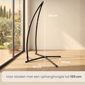 Zwarte metalen standaard voor hangstoel, 215 cm hoog, 110 cm breed.