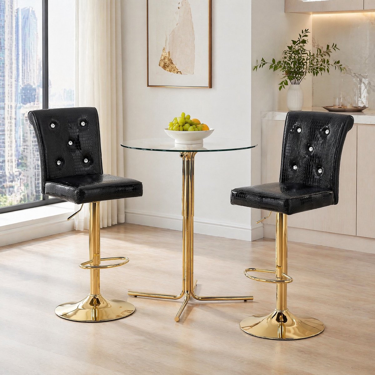 OKWISH Barkruk - Verstelbare Hoogte Met Rugleuning - Set Van 2 - Kunstleer - Vintage - Zwart - Voor Keukeneiland, Bar Of Eethoek