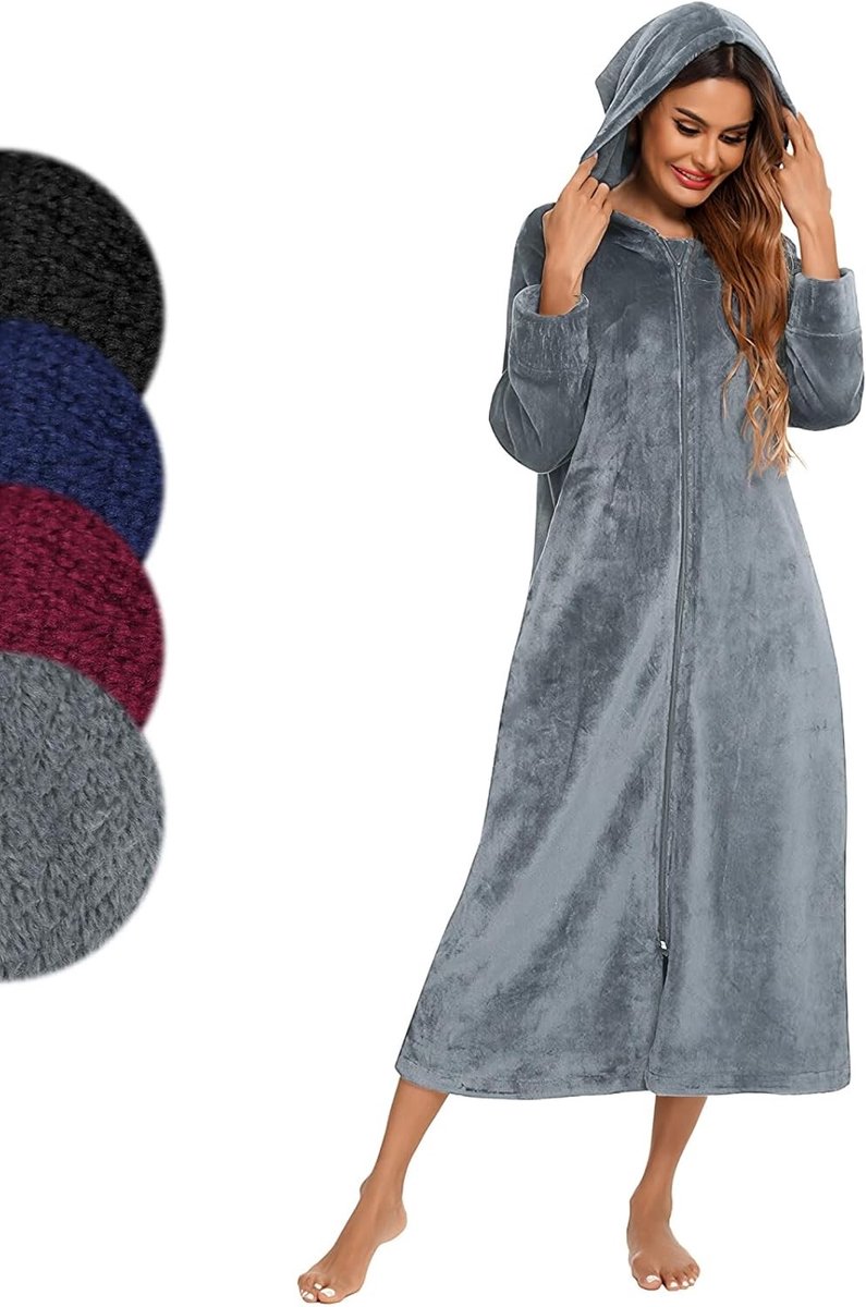 Unisex Badjas met Rits en Capuchon, Lange Flanel Badjas met Voorzakken voor Sauna en Thuisgebruik