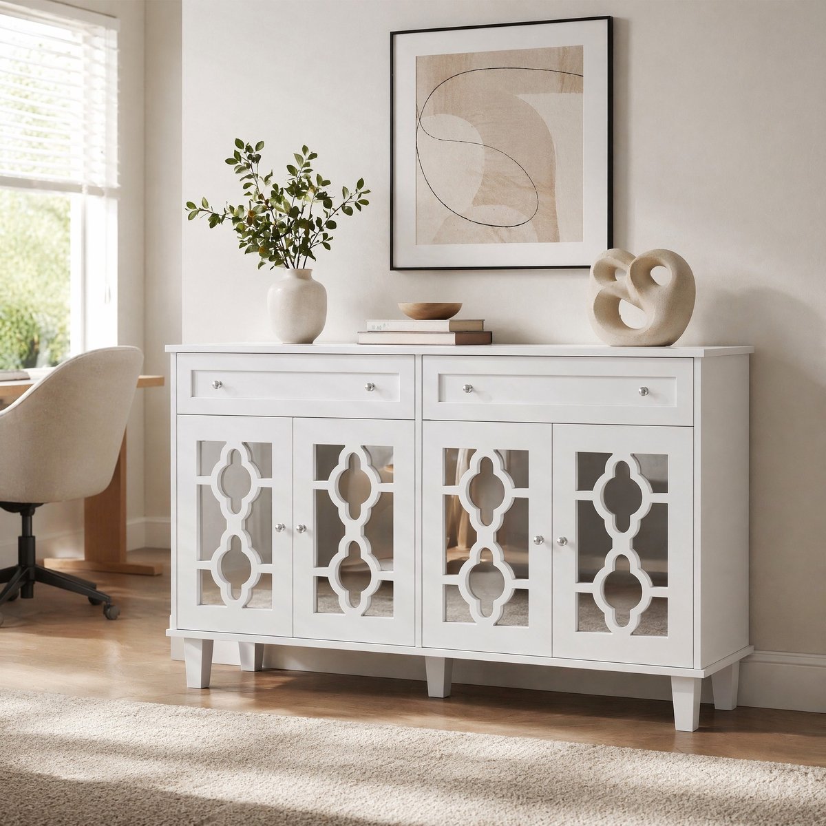 COVREO Dressoir 140 x 40 x 83 cm - 4 spiegeldeuren, 2 lades, verstelbare plank, wit
