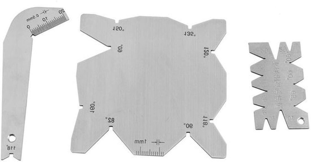 Boorhoekmeter - Hoekmeter - 3-delige set - Roestvrij staal - gereedschap voor het slijpen van boorpunten - Slijpmeter - Geschikt voor boren en schroevendraaiers - Zilverkleurig - Hoekmeetmeter.