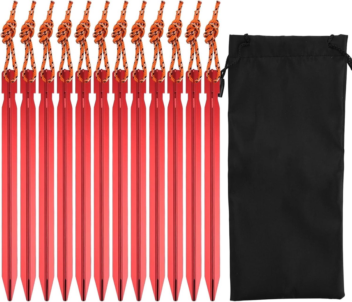 Lichte en duurzame 18 cm V-vormige tentpinnen, 12 stuks met reflecterend koord, ideaal voor kamperen, wandelen en strandactiviteiten