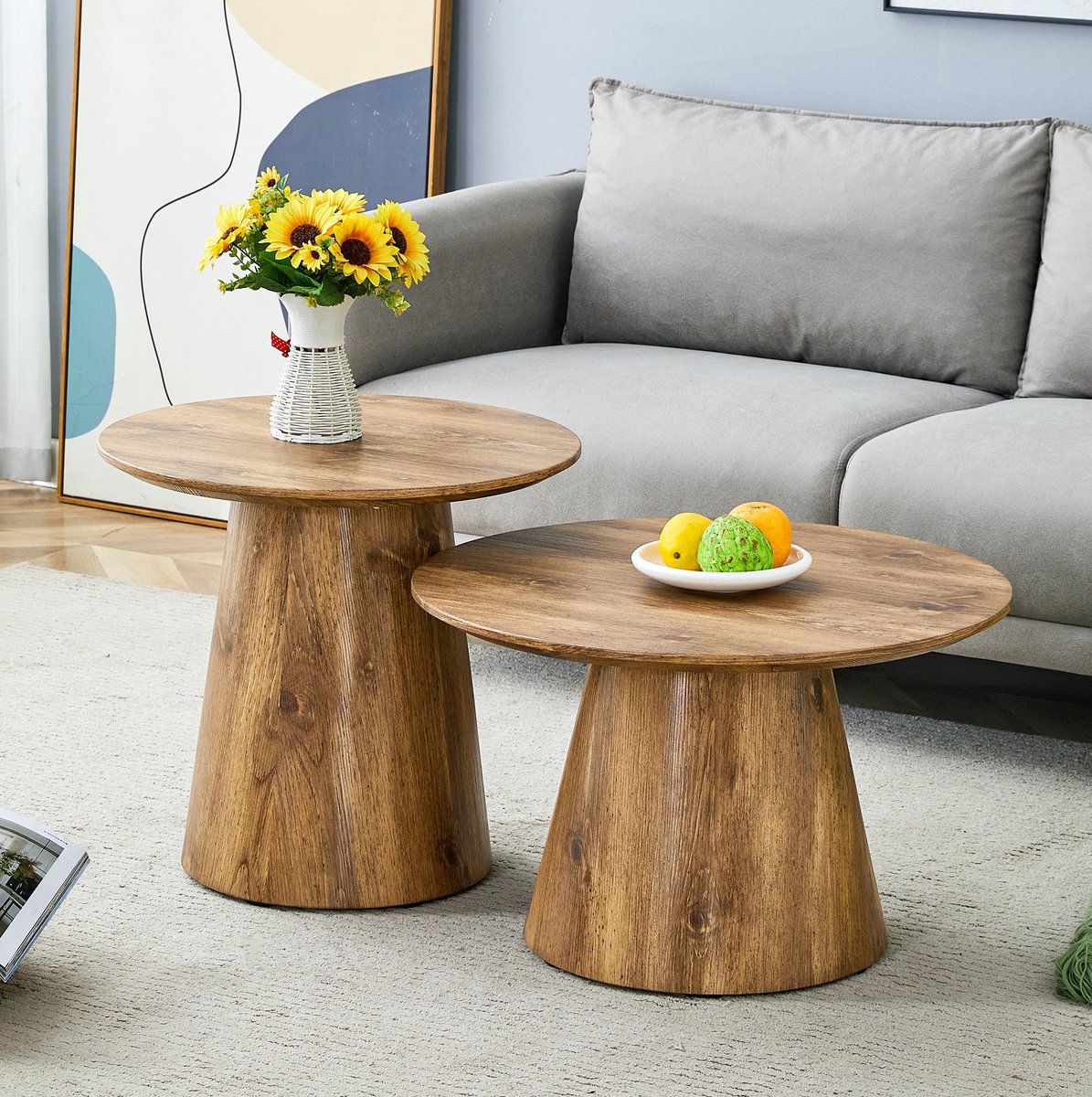 FloraGrace Bijzettafel Set Van 2 Ronde Houten Tafels Houtlook MDF Salontafel Voor Woonkamer Wood