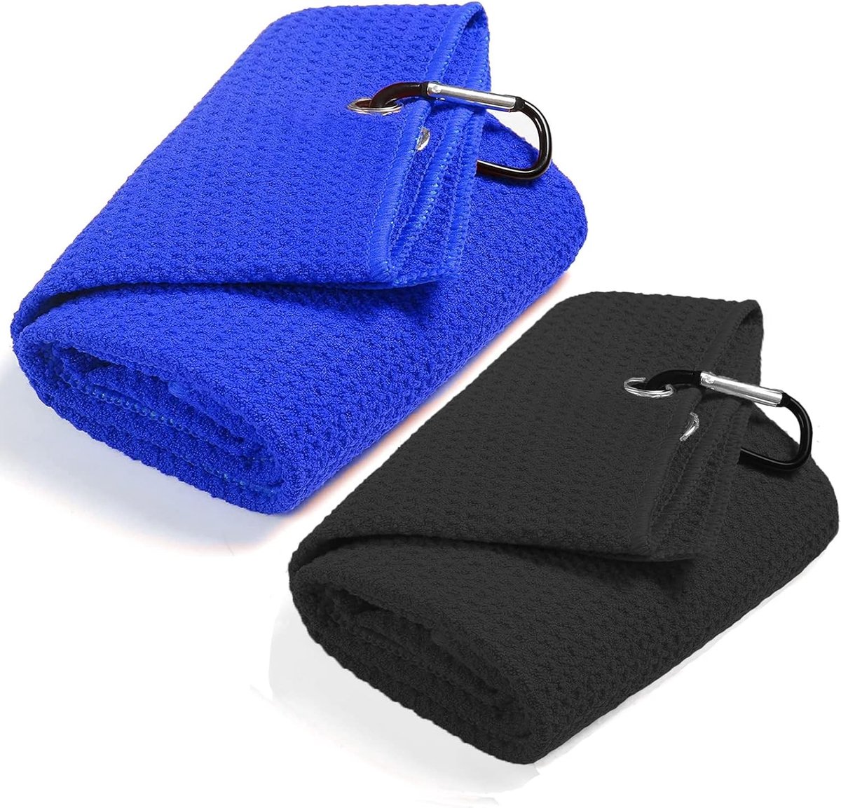 Luxe 2-delige golfhanddoek set met clip voor heren, microvezel, drievoudig gevouwen, ideaal voor golfuitrusting en accessoires (Zwart+Blauw)