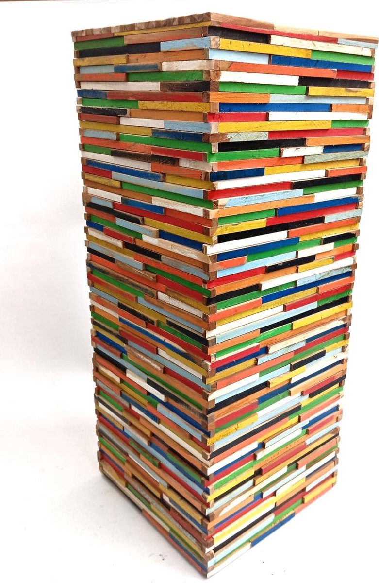 Houten bijzettafel - Krukje bijzettafel - Woonkamer decoratie - Gerecycled gemixt hout - 30 x 30 x 75 cm - Multicolor
