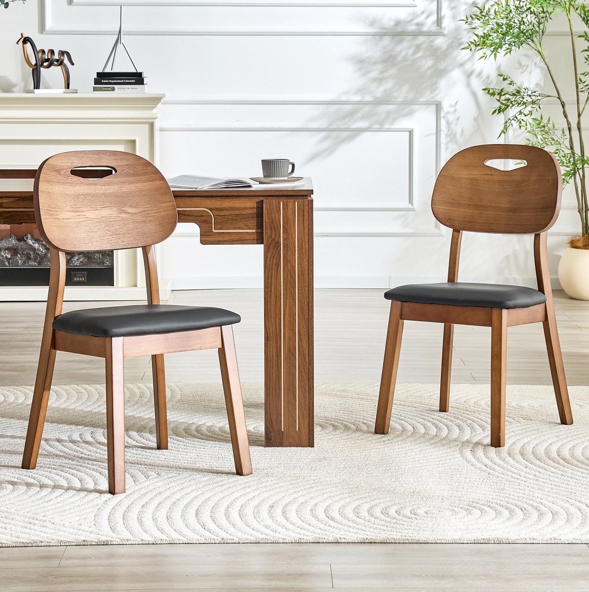 OKWISH Eetkamerstoel – Ovale Houten Rugleuning Met Draaggreep – Set Van 2 – PU Zitting – Voor Eetkamer Of Keuken – Zwart