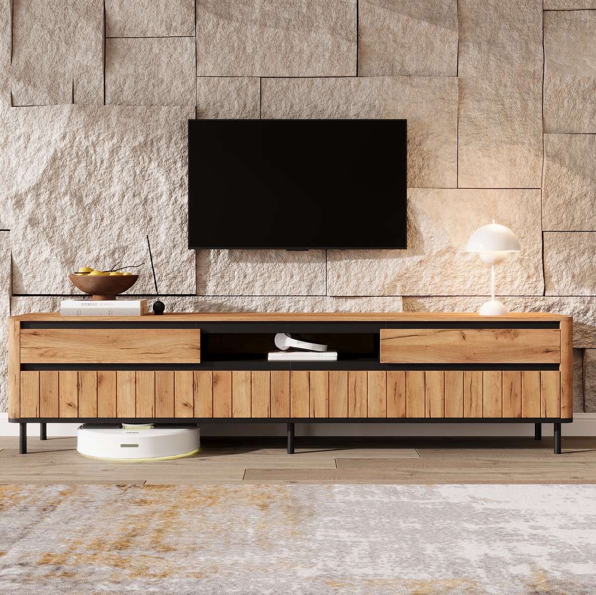 Wishdor - TV-meubel - 180 cm - 2 lades en 2 kleppen - Scandinavisch modern - woonkamer - houtlook en metaal - zwart naturel - 180 x 40 x 52 cm