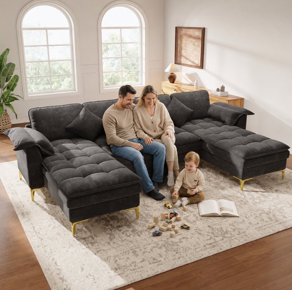 Wishdor - U-bank - 4-zits modulair hoeksofa met 2 chaiselongues en 2 kussens - modern voor woonkamer - chenille stof - grijs - 262 x 134 x 86 cm