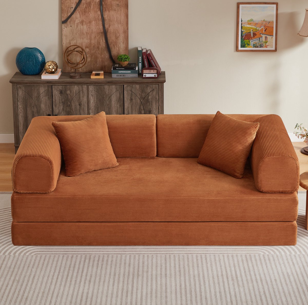 Wishdor - Slaapbank - Opvouwbaar 3-zits model met slaapfunctie en 2 kussens - vloerbank voor woonkamer of logeerkamer - corduroy en schuim - terracotta
