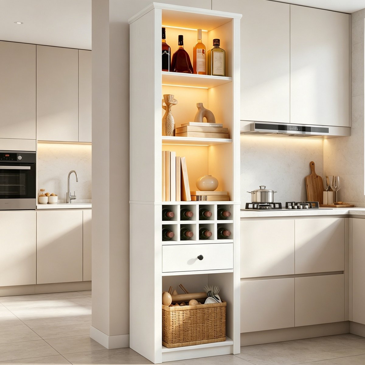 Wishdor - Vitrinekast - smalle hoge open kast met 1 lade en LED-verlichting - modern - voor woonkamer keuken of eetkamer - houtlook wit - 55x40x200 cm