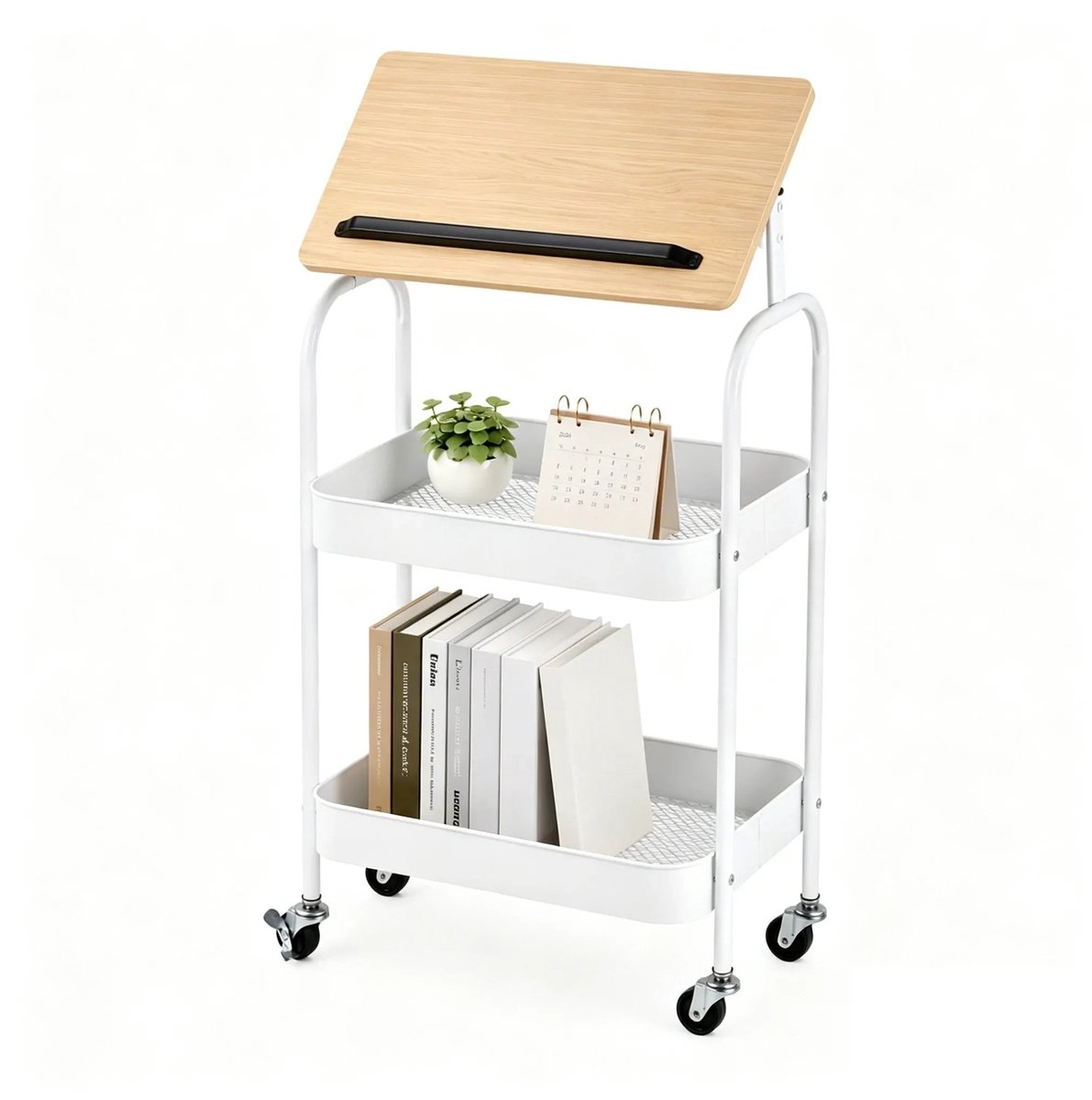 Home & Beyond® Verrijdbare Laptoptafel met Kantelbaar Werkblad en Opbergmanden - Verstelbare Bijzettafel - Wit Houtlook - 40 x 30 x 77 cm