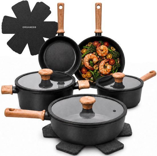Organess 12-delige Pannenset met Deksels - Set met 6 Kookpotten, Koekenpannen & Steelpannen - Koekenpannenset - Kookpottenset - Inductie - Aluminium - Zwart