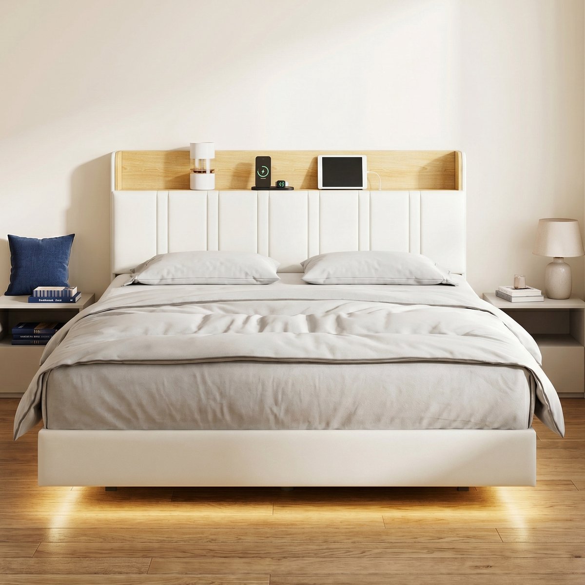 Zwevend tweepersoonsbed 140x200 cm met LED-verlichting en oplaadstation - bedframe met gewatteerd hoofdbord van kunstleer - moderne stijl - wit