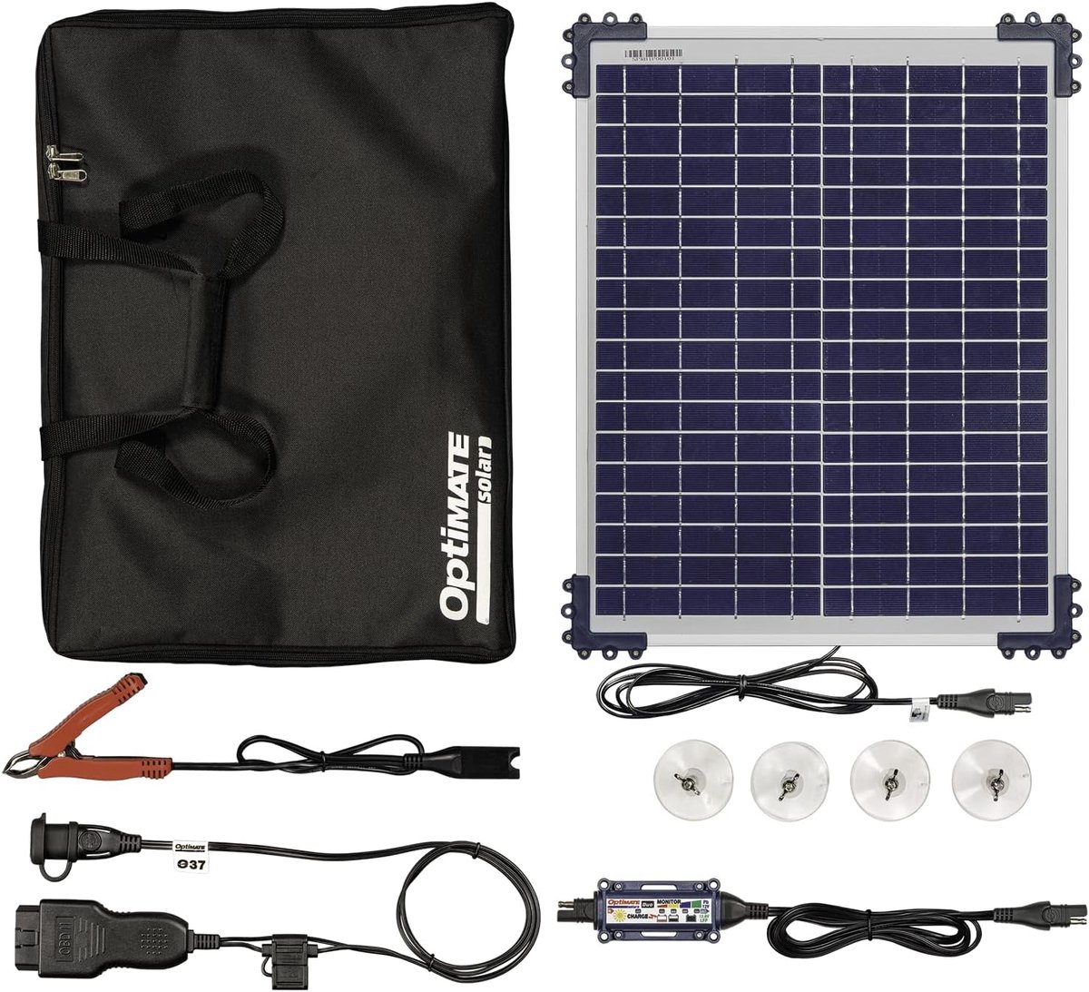 OptiMate Solar DUO Autokit 20W – TM522-D2CK - Slimme Zonne-Acculader & Onderhouder 12V (OBDII) voor Auto, Camper, Motor, ATV & Jetski – Weerbestendig Compleet Systeem, Veilig Opladen & Automatische Monitorfunctie