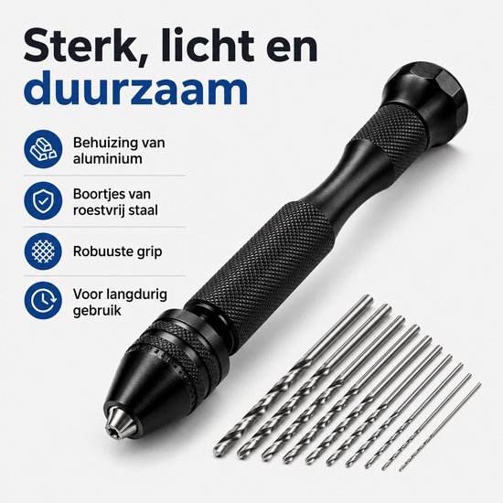 Sterke, lichte, zwarte mini handboor met aluminium behuizing, robuuste grip en boortjes van roestvrij staal.