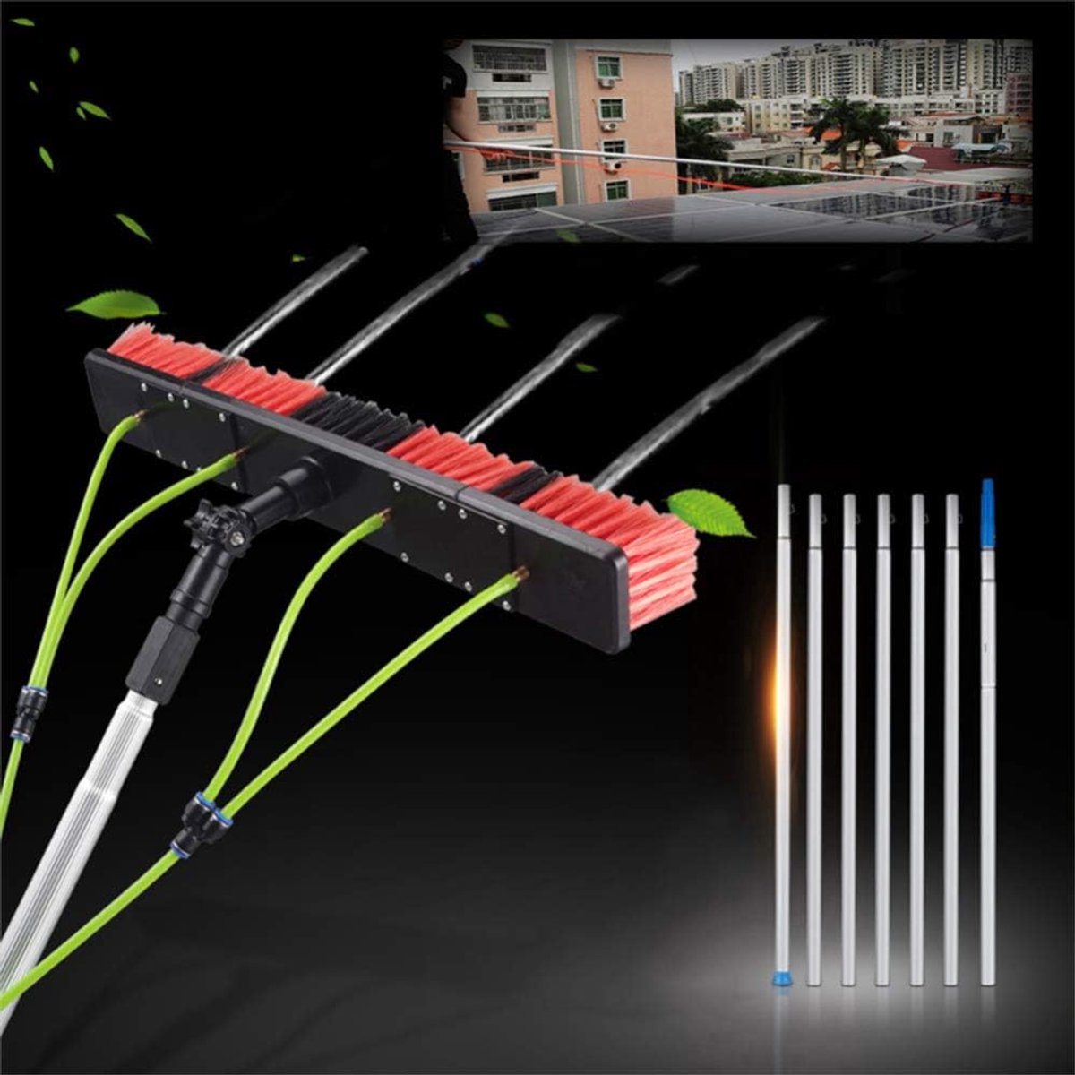 Paneelreiniger Watersproeier - Raamwisser Telescoop - Hoge Ramen Wassen - Uittrekbaar Tot 7m - 35cm Borstelkop - Zilver