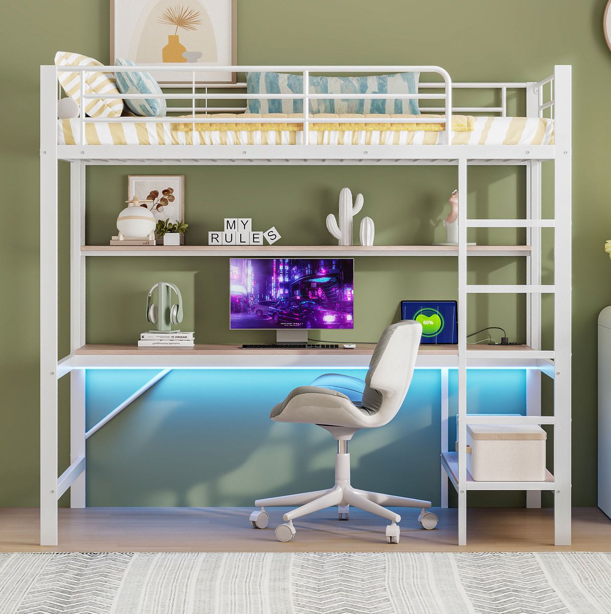 COVREO Hoogslaper 90x200 cm wit met bureau en LED zonder matras