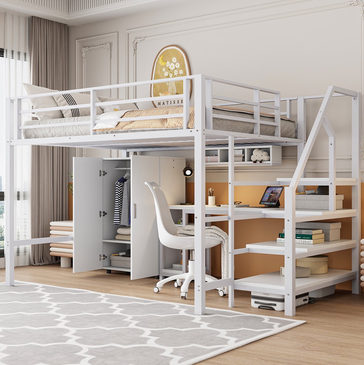 COVREO Hoogslaper met bureau en kledingkast – 140x200 cm – Metalen bed met MDF en planken – voor kinderkamer – Wit - zonder matras