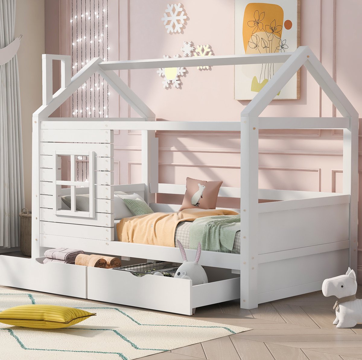 Kinderbed, tienerbed, 90*200 cm, met valbeveiliging, multifunctioneel houten kinderbed, geschikt voor zowel jongens als meisjes, massief houten kinderbed, met valbeveiliging, raam en lattenbodem, wit.